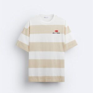 Striped Beige and White Men's T-Shirt ZARA NWOT